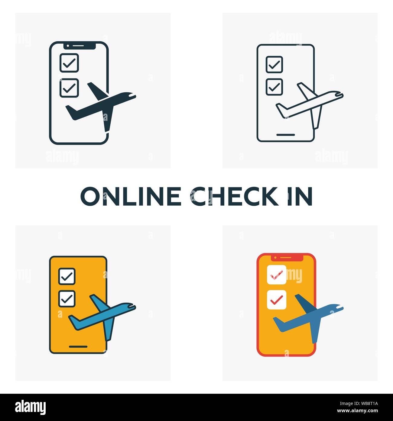 Online Icon Set prüfen. Vier Elemente in verschiedenen Stilen vom Flughafen icons Collection. Kreative online Check ausgefüllt Symbole, Outline, farbige und Stock Vektor