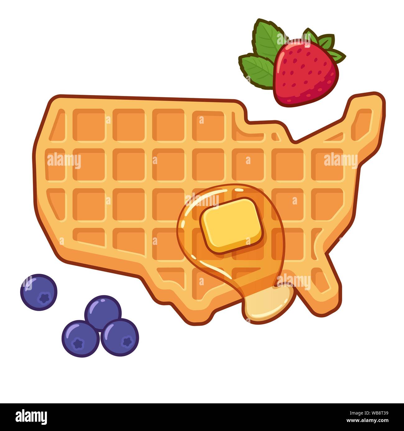 USA geformte Waffel mit Sirup, Butter und Beeren. Traditionelle amerikanische Frühstück essen Vector Illustration, Karikatur Zeichnung. Stock Vektor