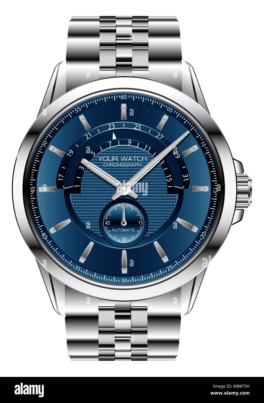 Realistische clock watch Chronograph blau silber Stahl Luxus für Männer auf weißem Hintergrund Vector Illustration. Stock Vektor