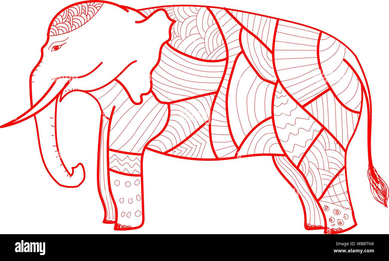 Vektor Skizze Asiatischen retro geschmückten Elefanten. Isolierte Abbildung auf einem weißen Hintergrund. Im thailändischen Stil Kunst festliche Tier Zeichnung Stock Vektor