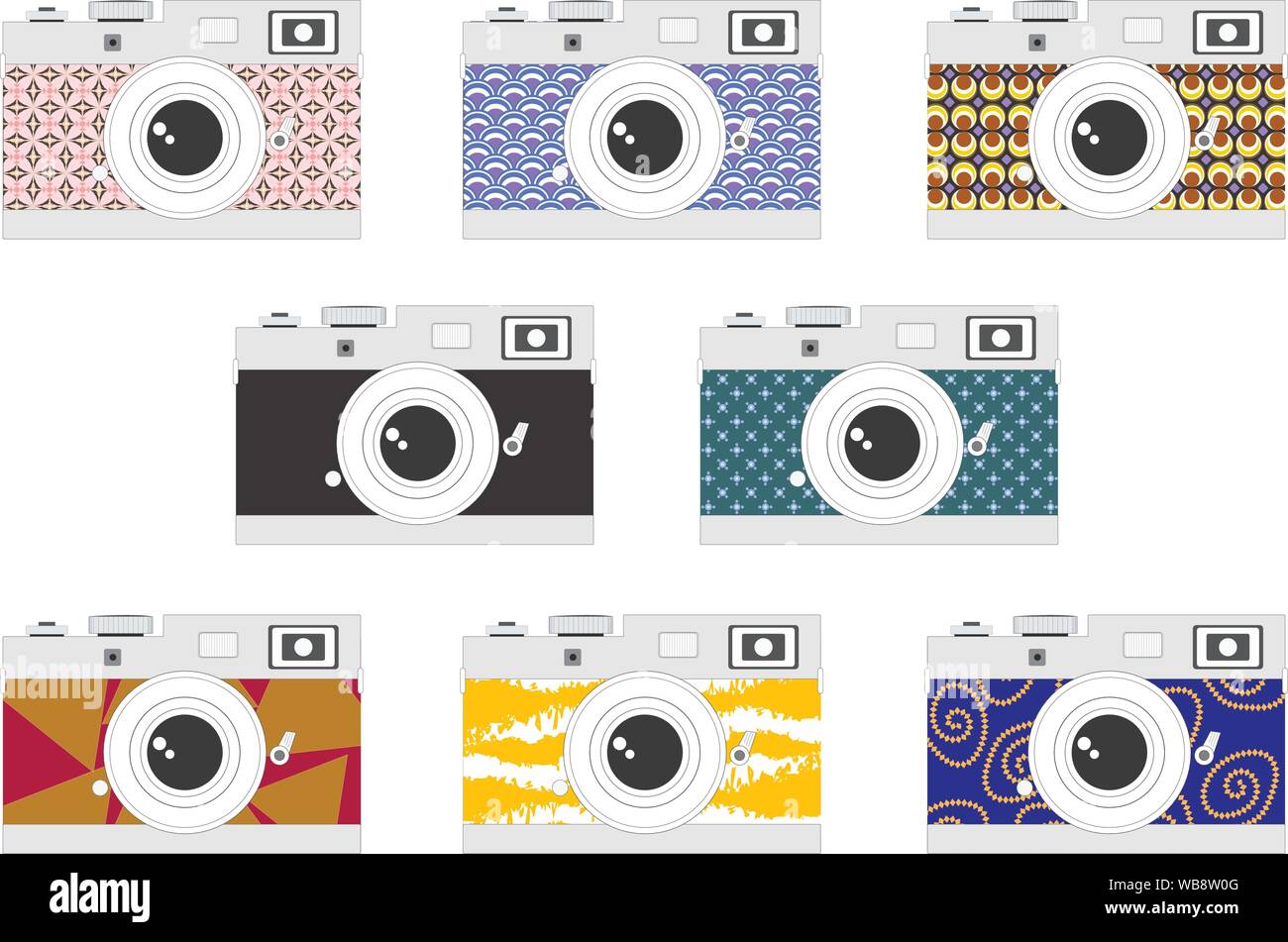 Kamera mit verschiedenen Farben und Muster - Retro, Vintage, Pastellfarben, moderne gesetzt. Flache grafische Illustration Vektor kompakte slr oder DSLR-Kamera Symbol fo Stock Vektor