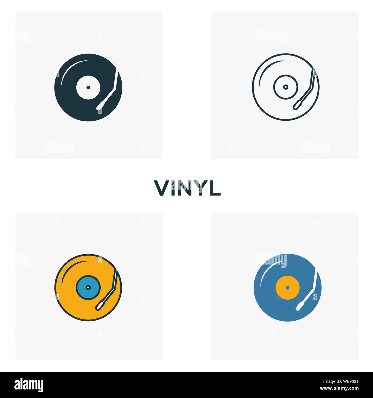 Vinyl Icon Set. Vier Elemente in verschiedenen Stilrichtungen von audio Schaltflächen Symbole Sammlung. Kreative vinyl Icons, Outline, Farben und Symbole Stock Vektor