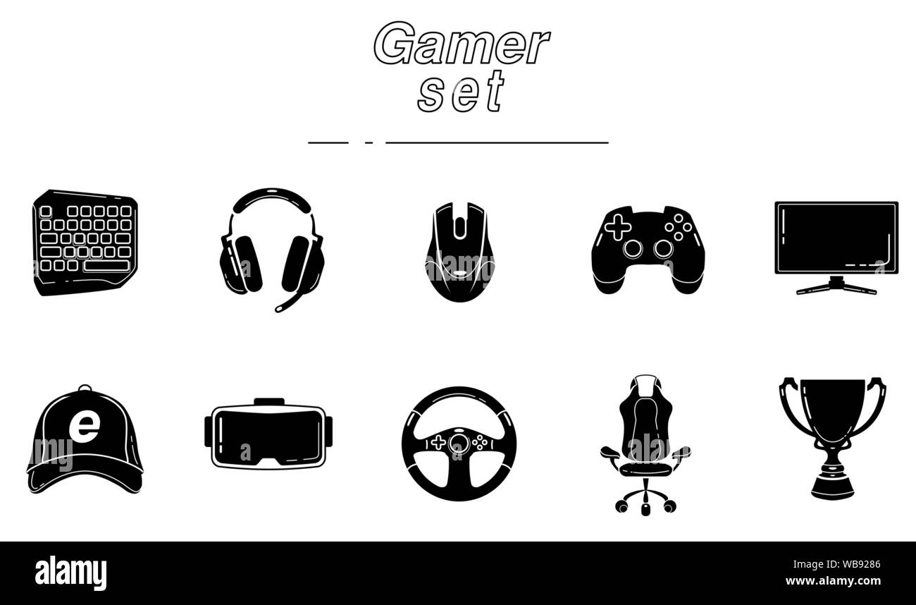 Gaming glyph Icon Set. Esports Ausrüstung. Computer Spiel Geräte. Silhouette Symbole. Negativer Platz. Vektor isoliert Abbildung Stock Vektor