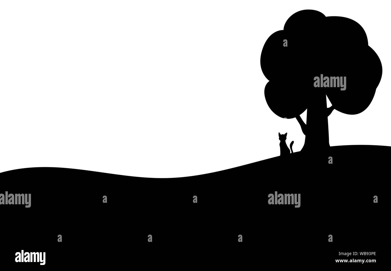 Katze sitzt in der Nähe von einem Baum, silhouette Kunst Bild, Vector Illustration auf weißem Hintergrund Stock Vektor