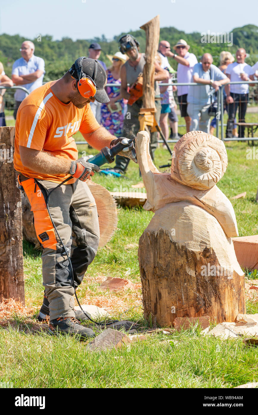 Tabley, Cheshire, UK. 25 Aug, 2019. Die 15 englischen Öffnen Kettensäge Wettbewerb im Cheshire County Showground, England - Mitbewerber konkurrieren in der 30-minütigen Herausforderung - Gaborecz István aus Ungarn gegeneinander erzeugt eine Schnecke Credit: John Hopkins/Alamy leben Nachrichten Stockfoto