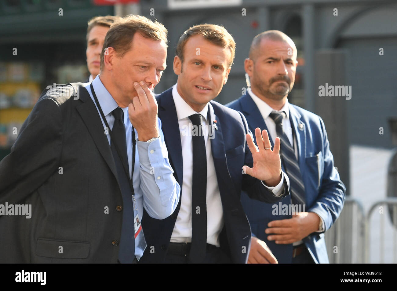 Der französische Präsident Emmanuel Längestrich während der G7-Gipfel in Biarritz, Frankreich. Stockfoto