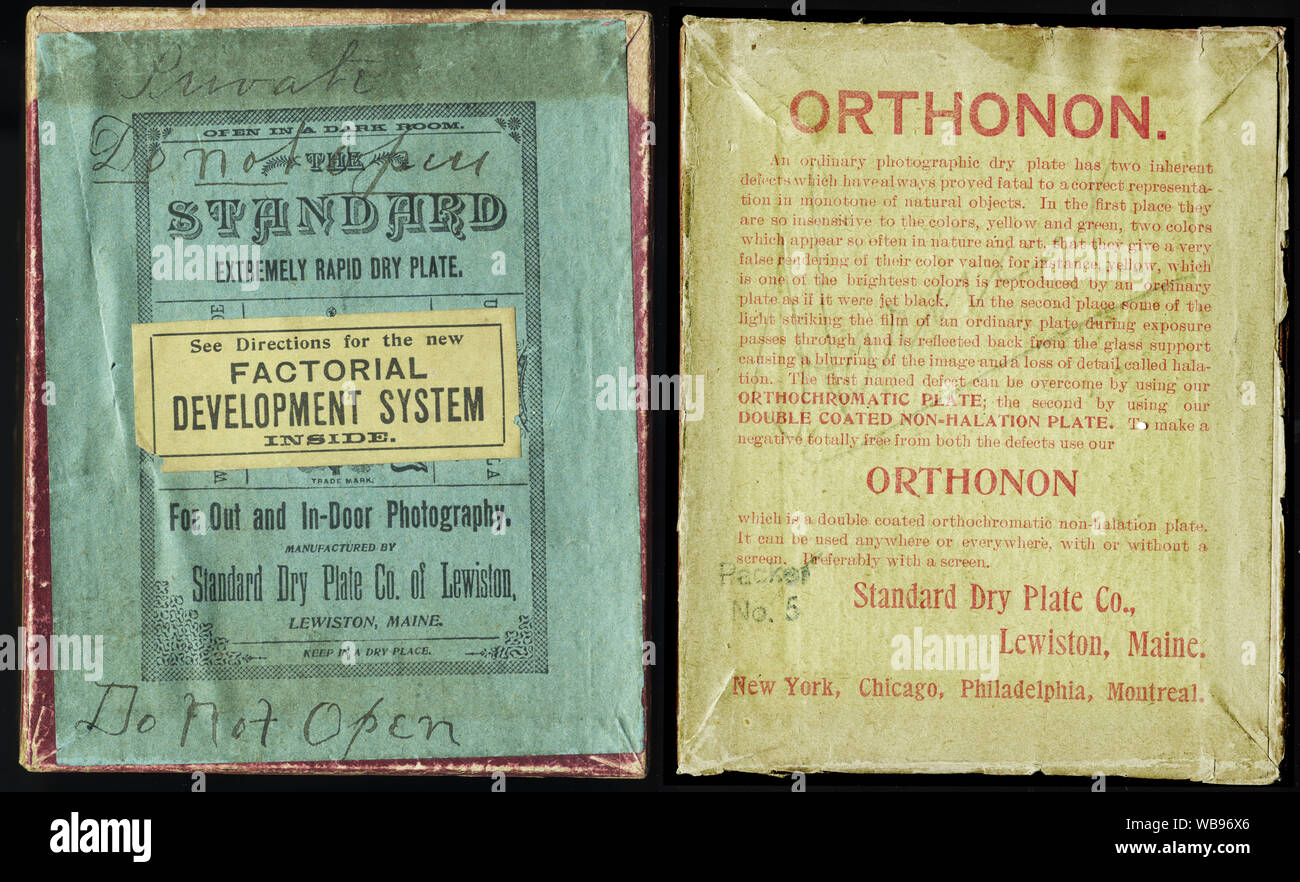 Box von fotografischen Glasplatte negative durch die trockenen Platte Co. von Lewiston, Deckel und Boden Design, circa 1900. Aus der ursprünglichen Box abfragen. Stockfoto