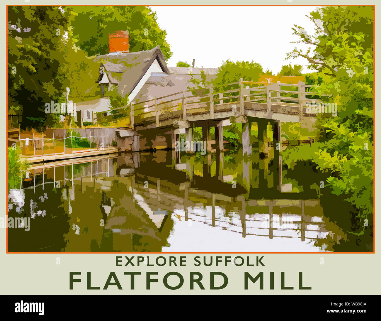 Travel Poster aus ein Foto von Bridge Cottage, Flatford Mill auf dem Suffolk, Essex, England, Großbritannien Stockfoto