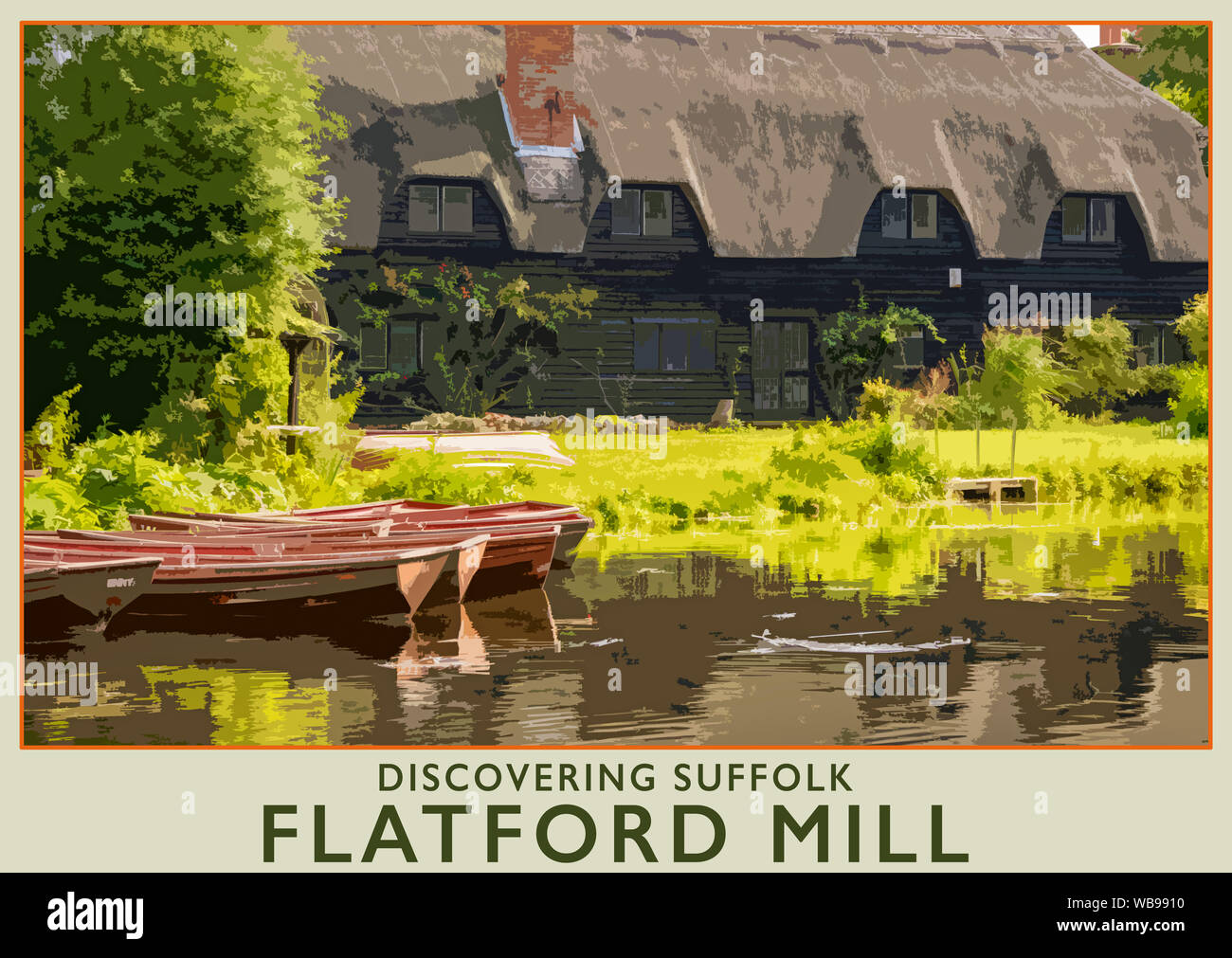 Travel Poster aus ein Foto von Flatford Mill auf dem Suffolk, Essex boarder England, UK. Stockfoto