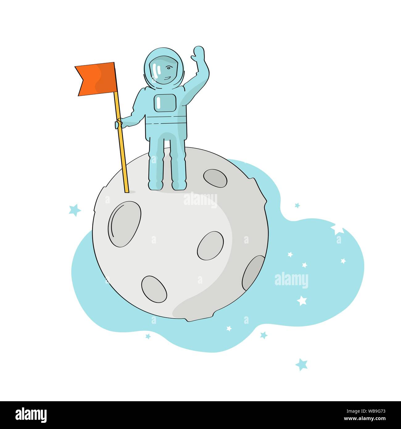 Vector Illustration, ein Mann in einem Raumanzug, ein Astronaut im Weltraum, eine Orange Flagge auf dem Hintergrund der blauen Sternenhimmel. Der erste Schritt auf dem Mond, die c Stock Vektor