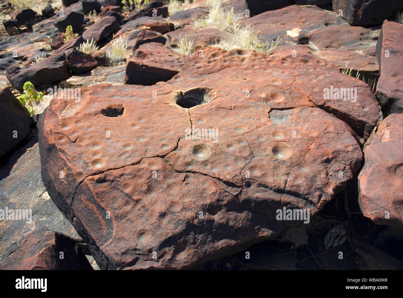 Aboriginal Schleifen Stein, mit Depressionen durch Schleifen von Samen und Ocker verursacht. Innamincka Regional Reserve, South Australia Stockfoto