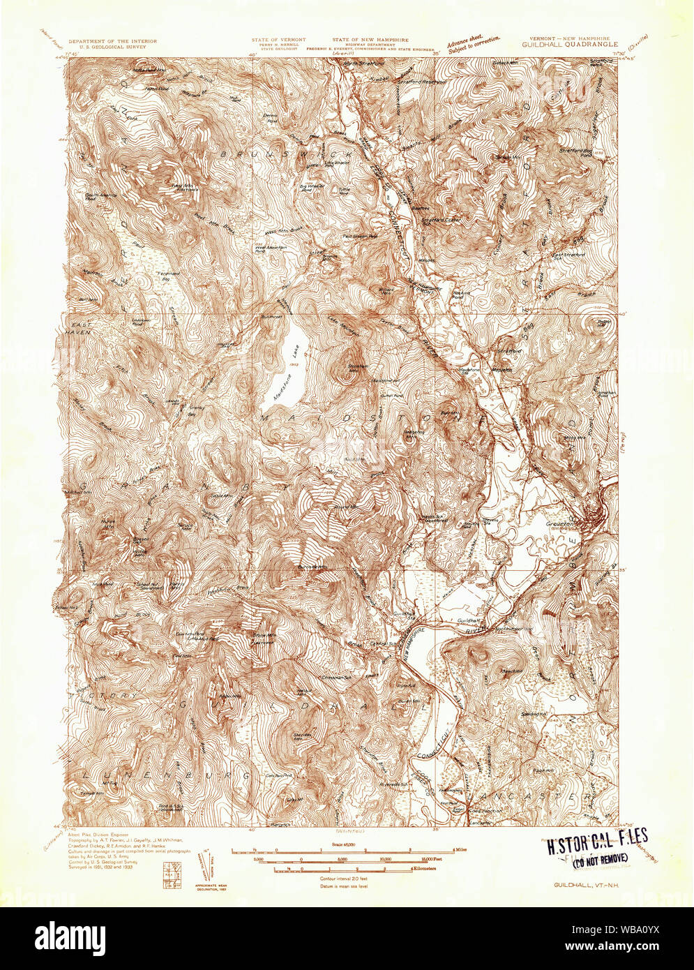 USGS Topo Karte Vermont VT Guildhall 1933 48000 337800 Restaurierung Stockfoto