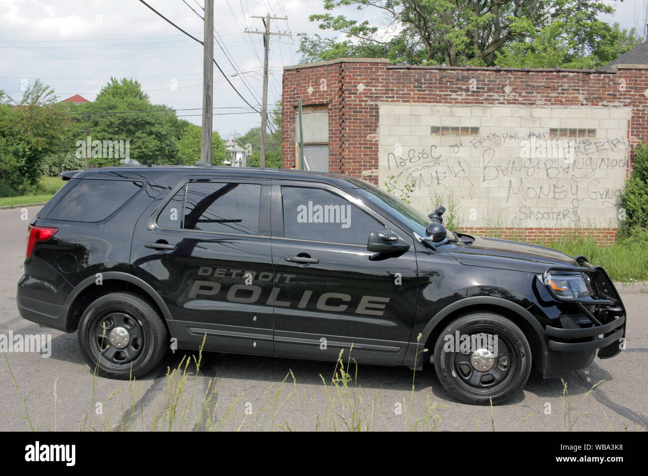 Detroit Police Department Schleifring Durchsetzung Fahrzeug von einer Wand in Gang Graffiti, Detroit, Michigan, USA Stockfoto
