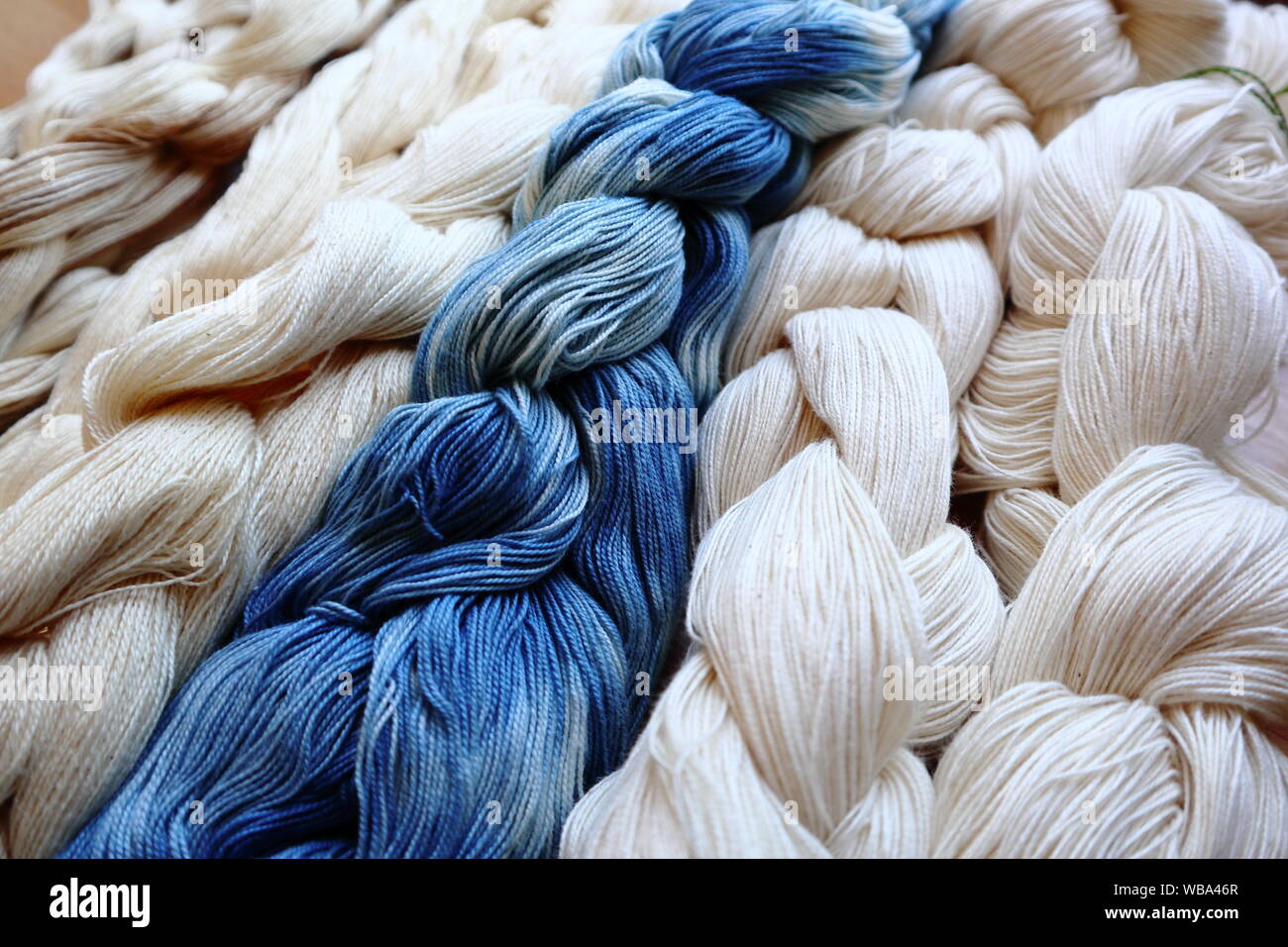 Baumwolle warp Ketten in natürlichen ungefärbten und indigo Hand gefärbte Garne Stockfoto