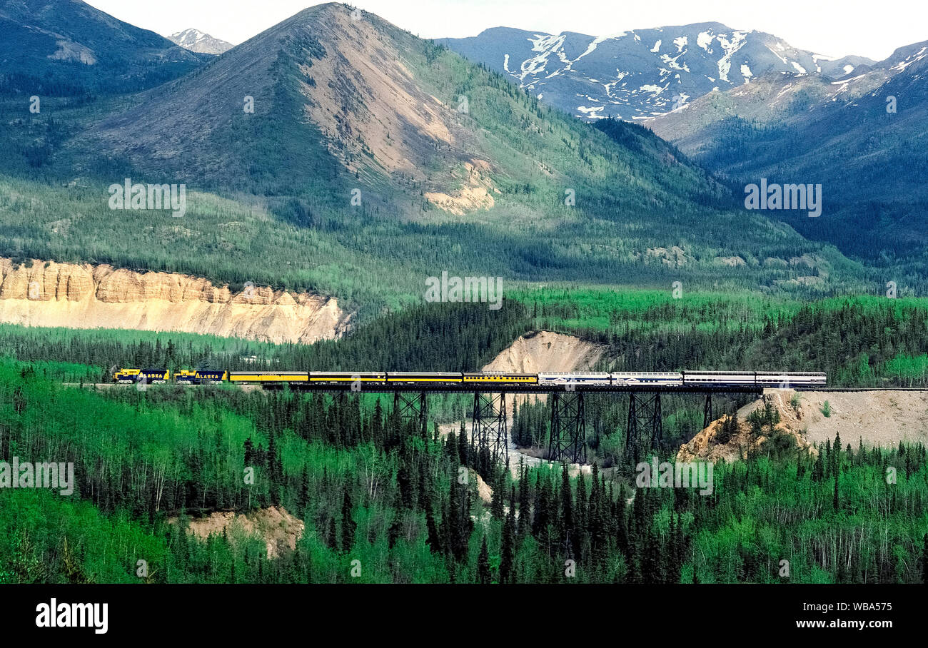 Twin Diesellokomotiven der Alaska Railroad ziehen, Gepäck und Passagiere Beobachtung Autos mit Touristen über einen Bock, überspannt einen Fluss auf dem Weg zum Denali National Park, Alaska, USA betrieben. Dieses beliebte Bahn Reise bietet wunderschöne Berg und Tal Landschaft für 356 Meilen (573 Kilometer) zwischen Anchorage und Fairbanks. Ein Highlight ist, wenn der Zug Mount McKinley (auch genannt Denali), der höchste Berg in Nordamerika bei 20,237 Fuß (6,168 m). Stockfoto