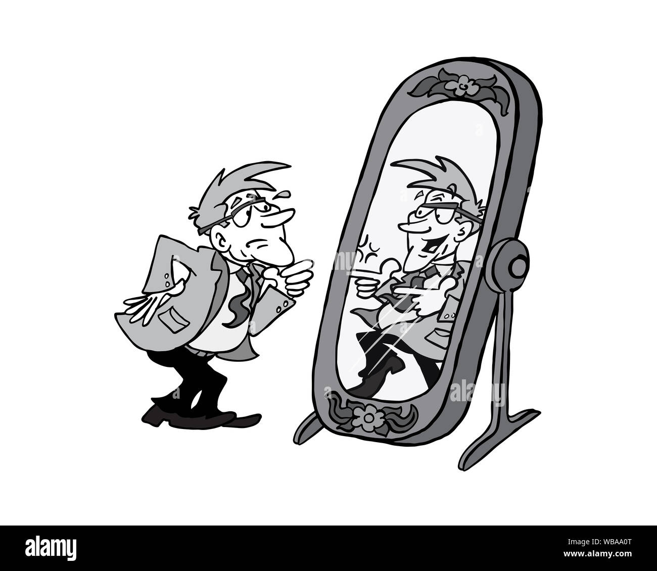 Älterer Mann an seiner erregt sich selbst in den Spiegel schauen, in Schwarz und Weiß Stockfoto