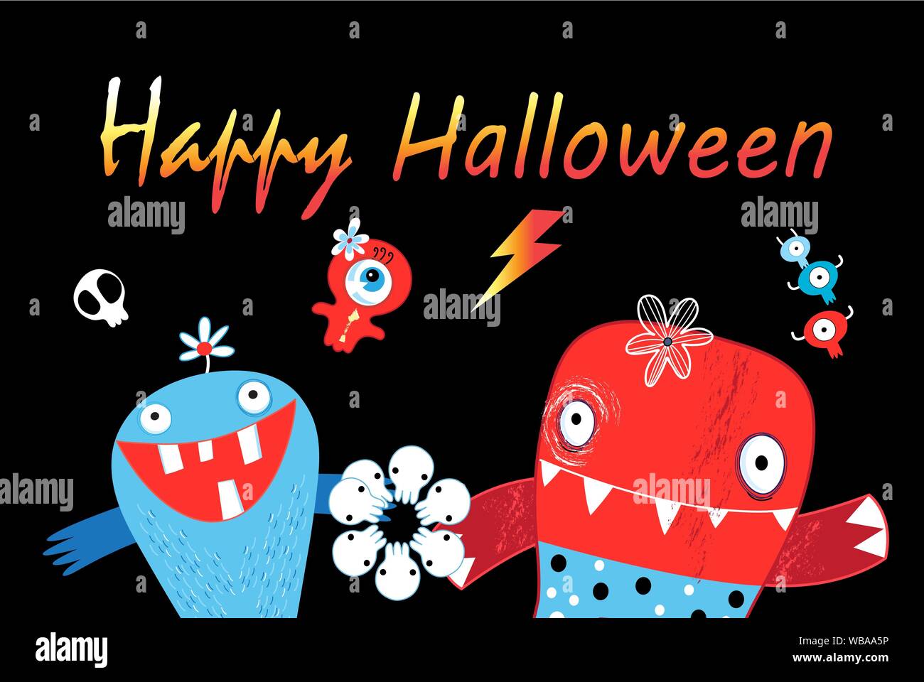 Gruß helle Vektor Karte mit lustigen Monster auf einem dunklen Hintergrund für Halloween. Design für Halloween Urlaub. Stock Vektor