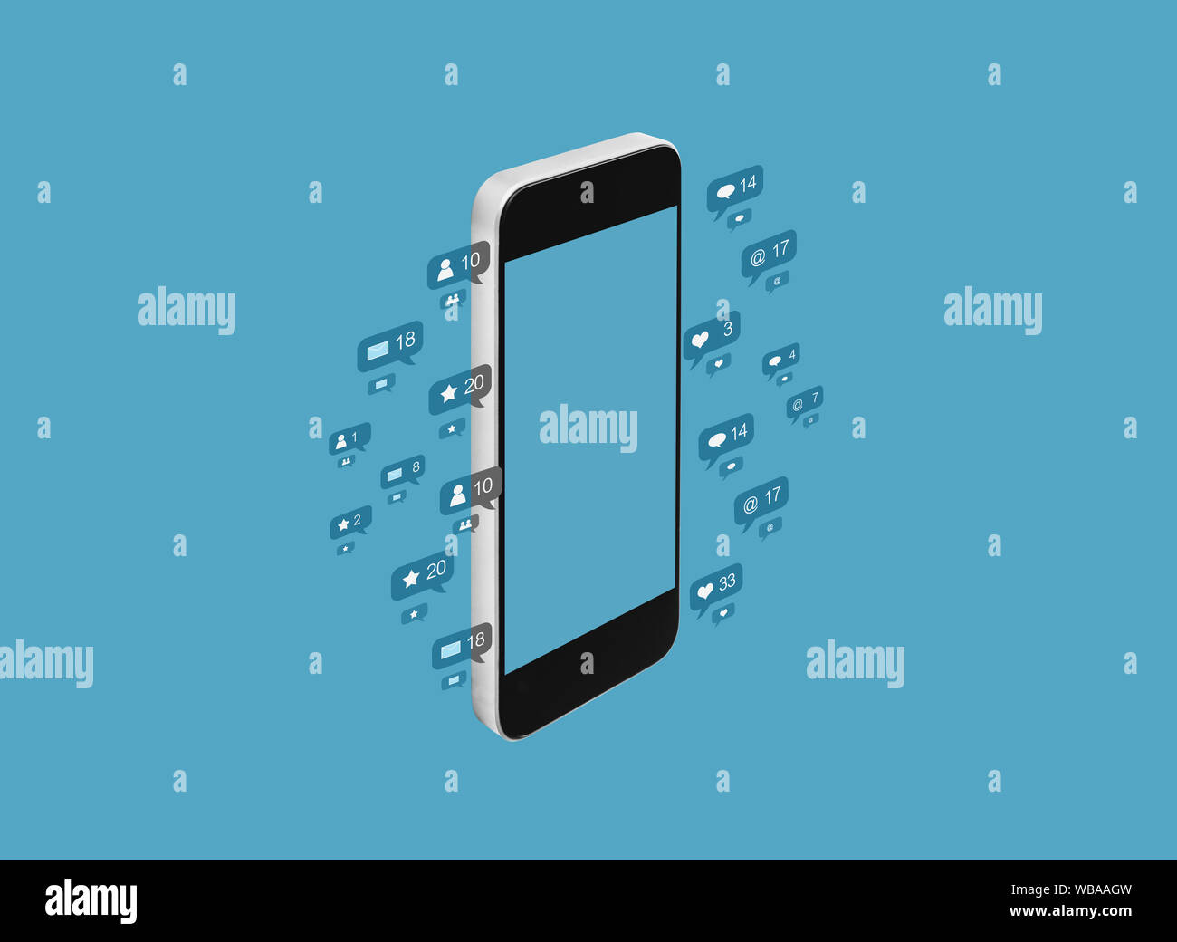Smart Phone, social media Benachrichtigungssymbole auf blauem Hintergrund Stockfoto