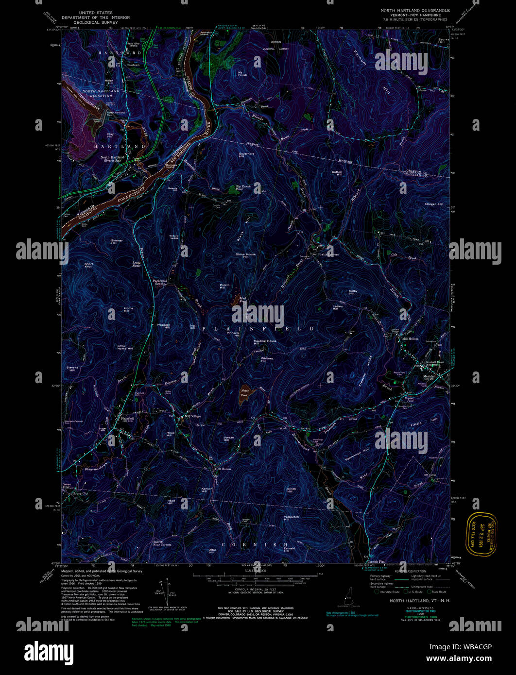 USGS Topo Karte Vermont VT Norden Hartland 337560 1959 24000 invertiert Wiederherstellung Stockfoto