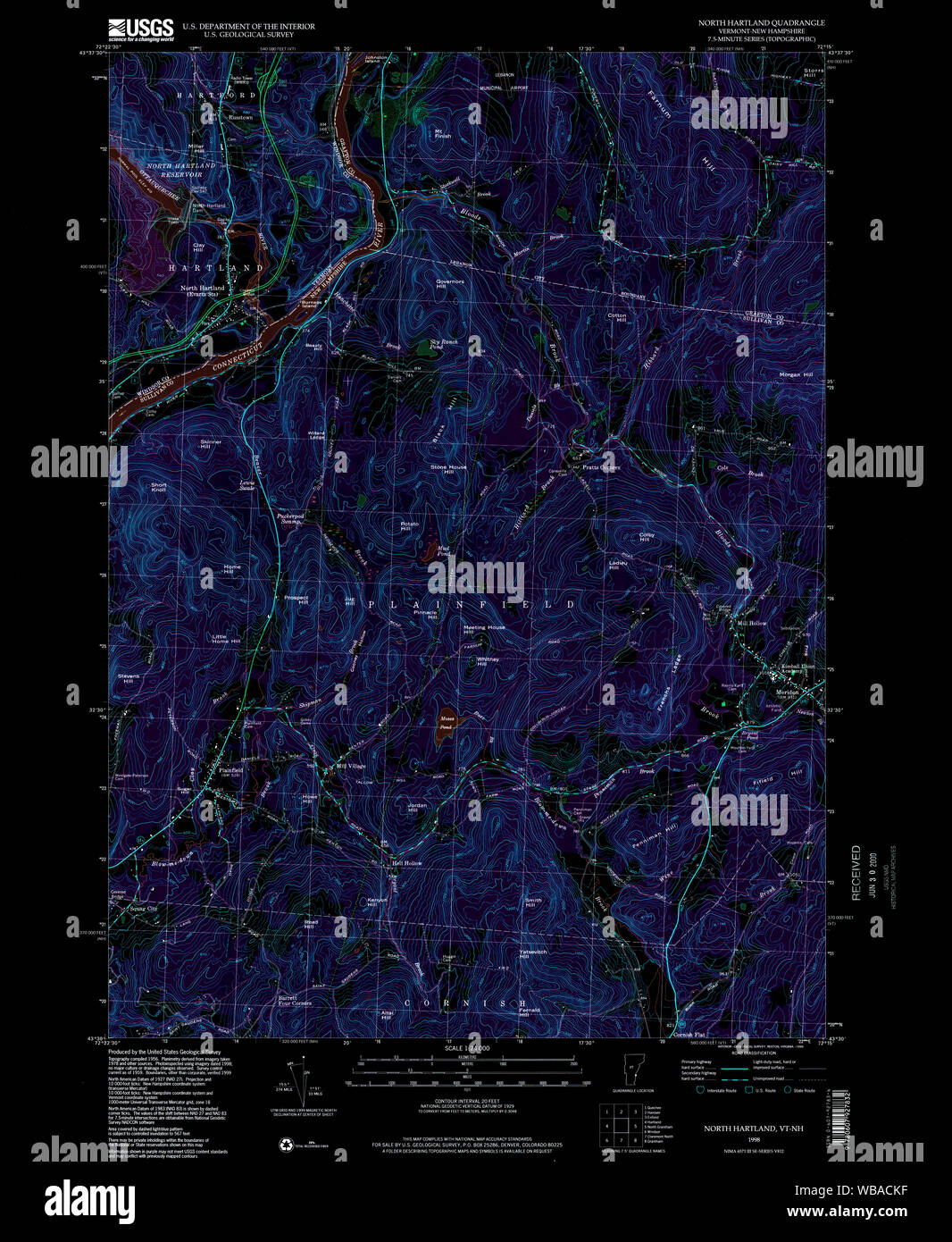 USGS Topo Karte Vermont VT Norden Hartland 337561 1998 24000 invertiert Wiederherstellung Stockfoto