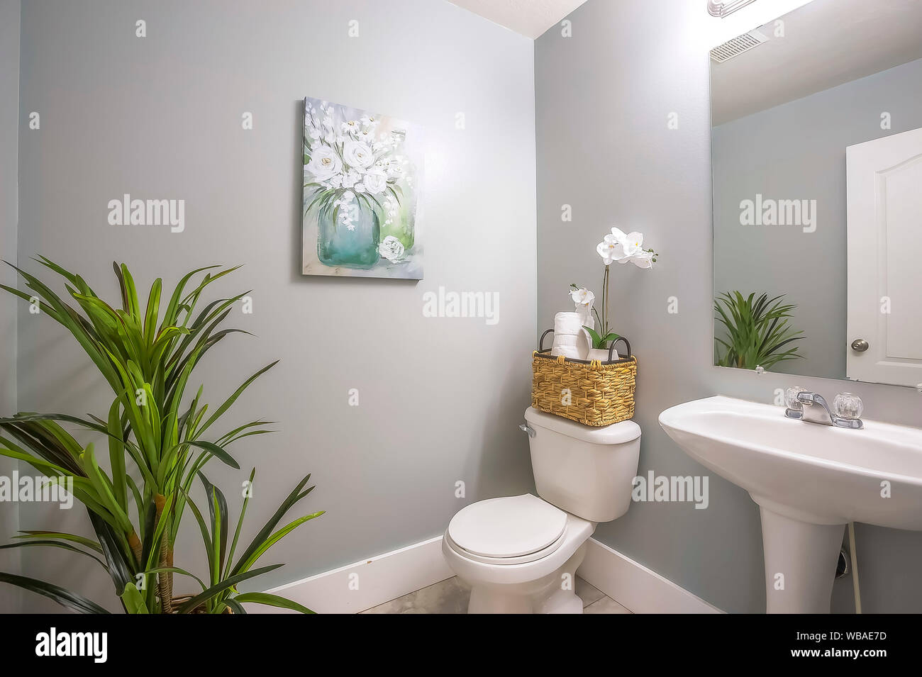 Reizendes Haus bad Interieur mit Blumen Pflanzen dekoriert und Malerei Stockfoto