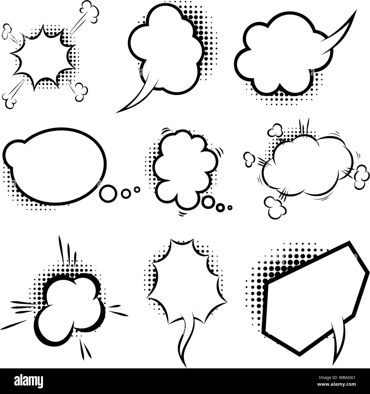 Satz von leeren Comic-stil Sprechblasen mit halftone Schatten. Design Element für Poster, Emblem, unterzeichnen, Banner, Flyer. Vector Illustration Stock Vektor