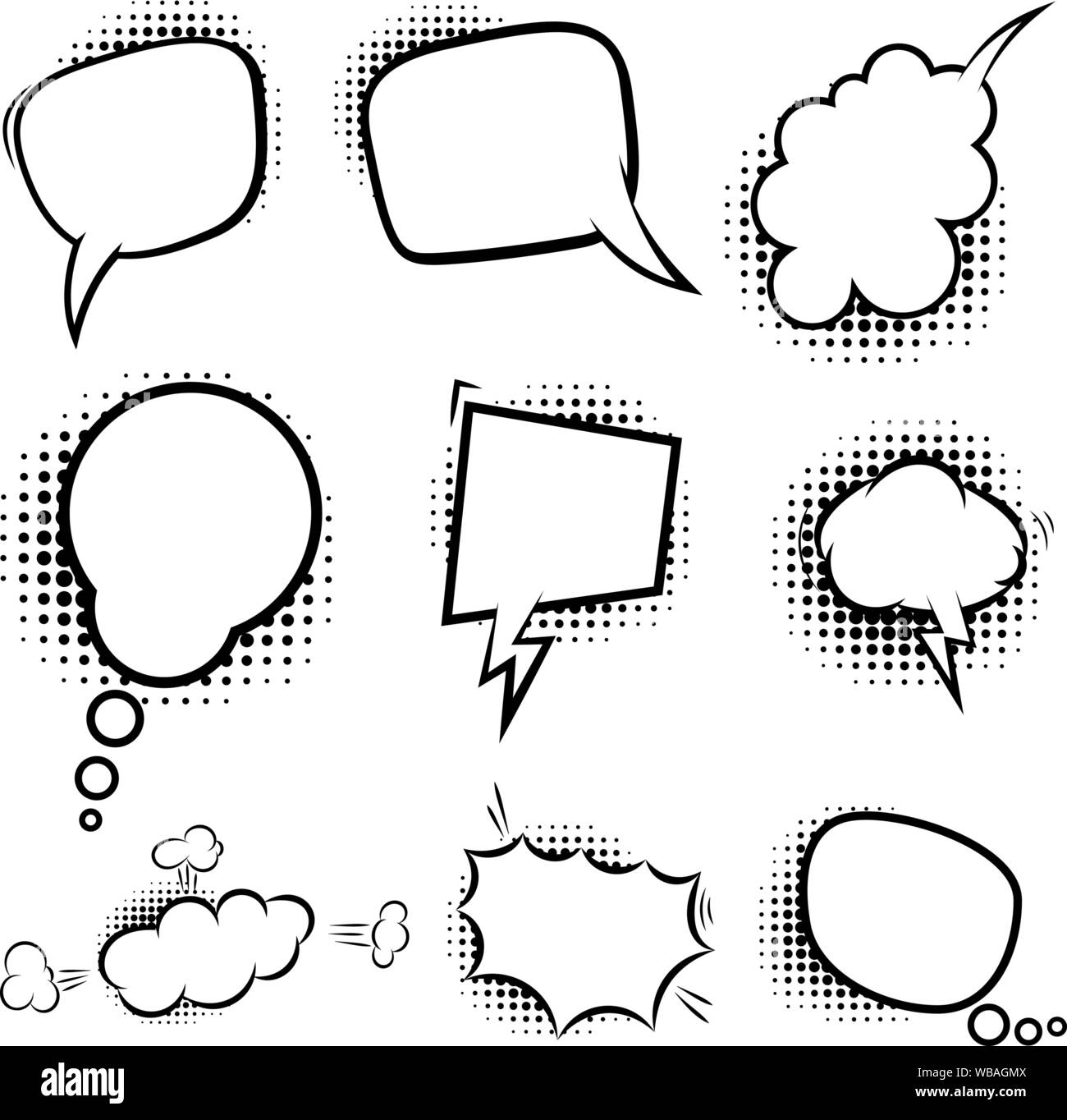 Satz von leeren Comic-stil Sprechblasen mit halftone Schatten. Design Element für Poster, Emblem, unterzeichnen, Banner, Flyer. Vector Illustration Stock Vektor