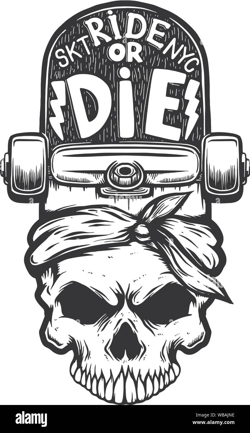 Reiten oder sterben. Totenkopf mit Skateboard. Design Element für Logo,  Etiketten, Zeichen, Pin, Poster, T-Shirt. Vector Illustration  Stock-Vektorgrafik - Alamy