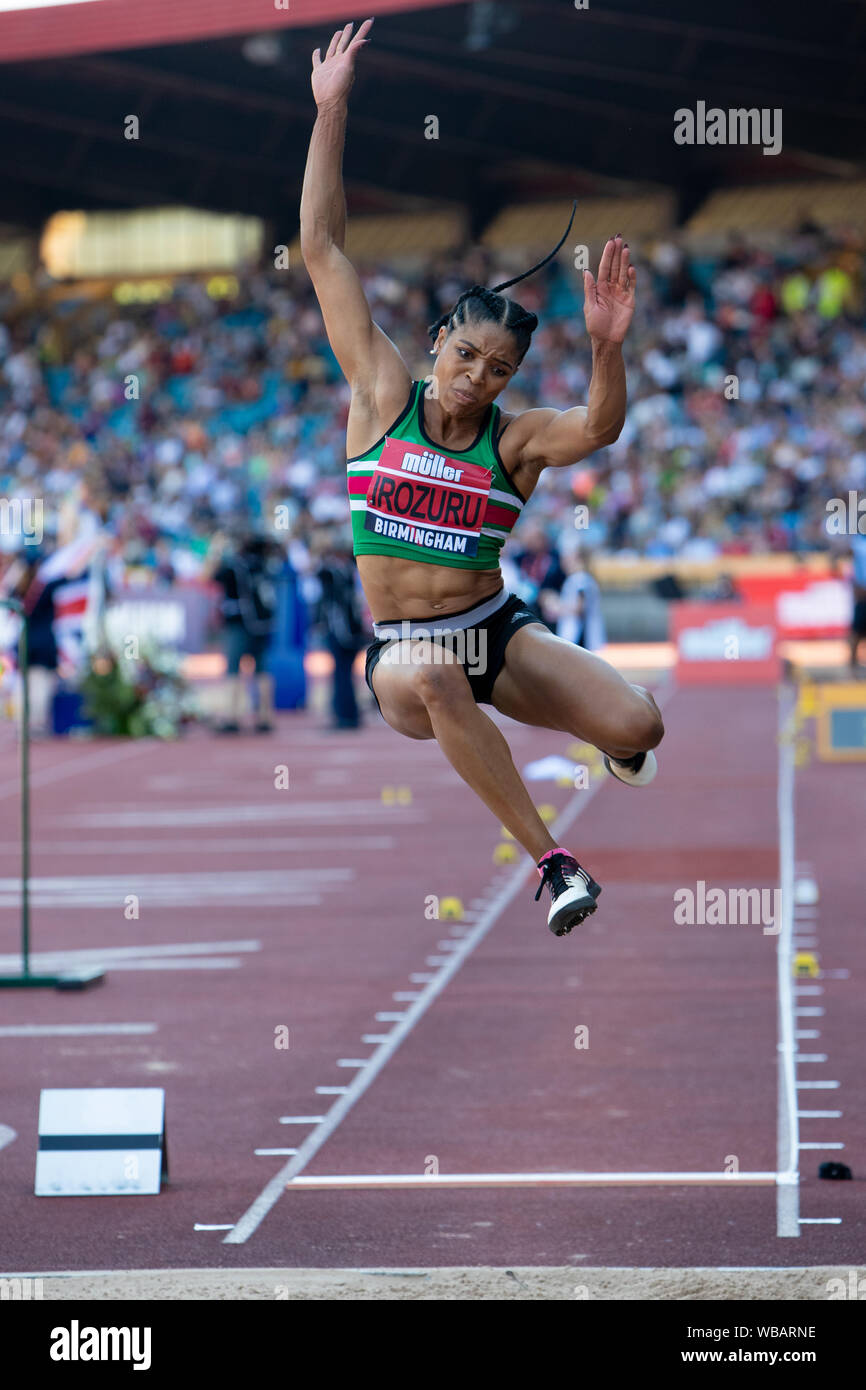 Abigail Irozuru gewinnt Weitsprung der Frauen an der Muller britischen Leichtathletik WM, Alexander Stadium, Birmingham Stockfoto