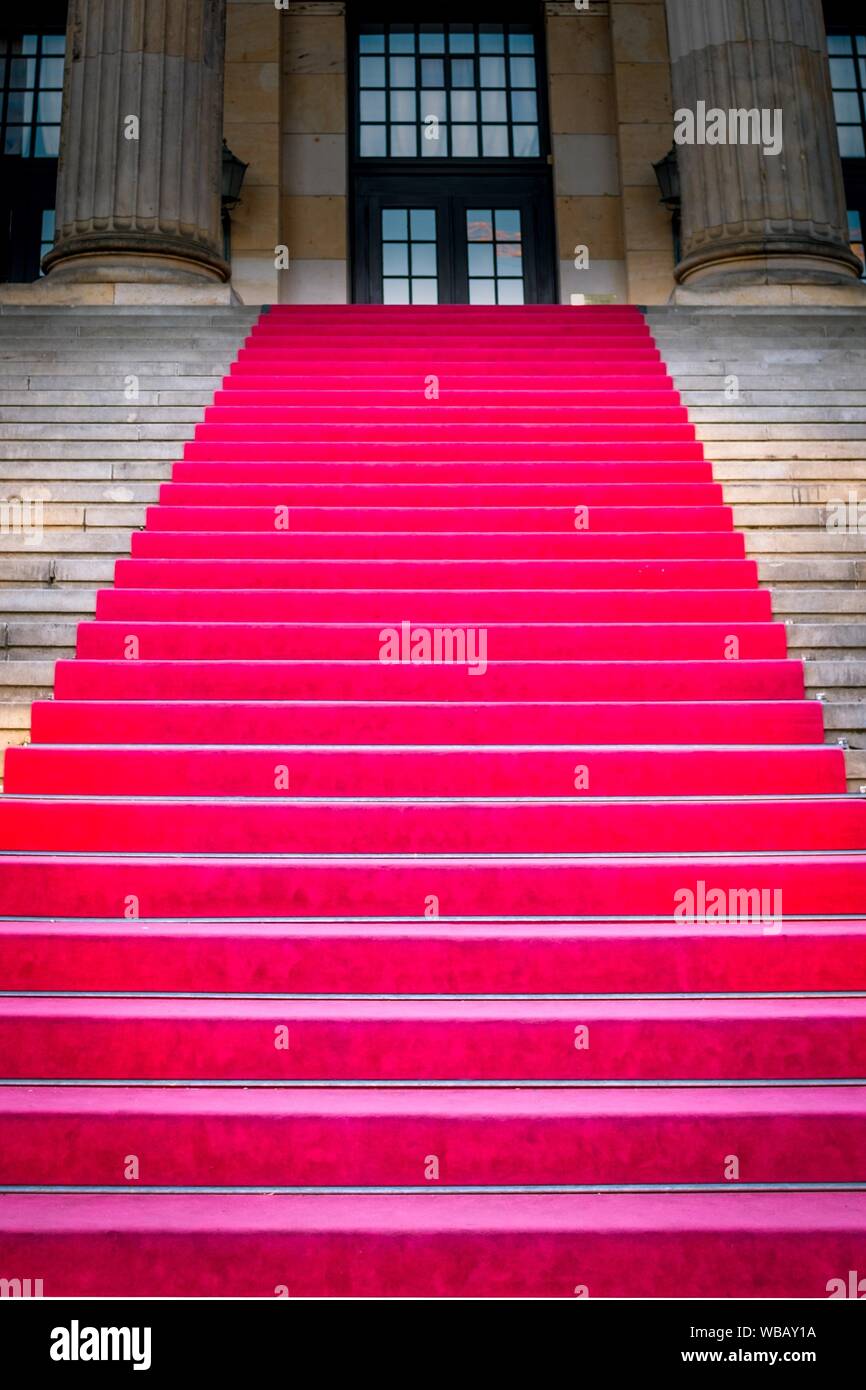 Roter Teppich auf der Treppe, die zu einer großartigen Veranstaltung. Stockfoto