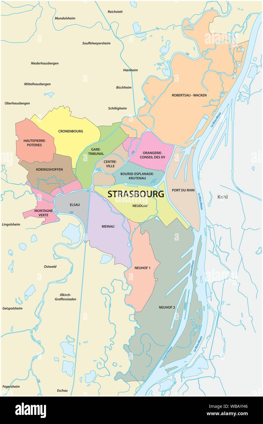 Administrative und politische Karte der elsässischen Hauptstadt Straßburg Stock Vektor