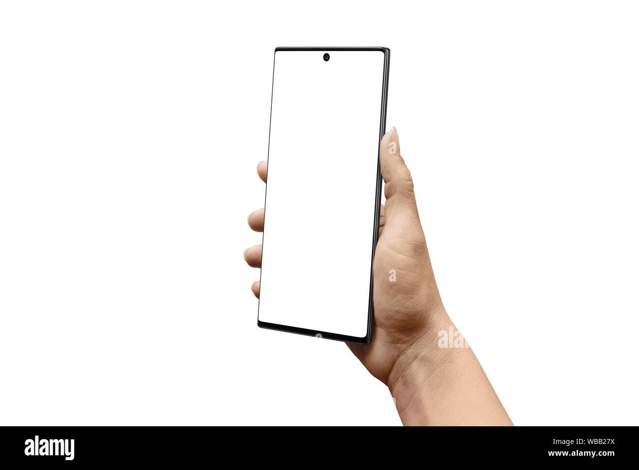 Smart Telefon in der Hand isoliert. Seitliche Stellung. Isolierte Bildschirm in Weiß für App design Präsentation. Stockfoto