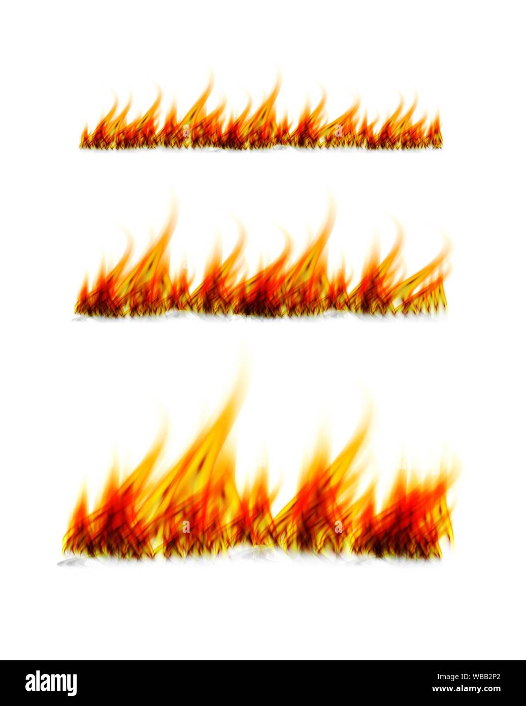 Feurige Flammen auf einem weißen Hintergrund. Feuer Feuer. Vektor realistische Abbildung. Stockfoto