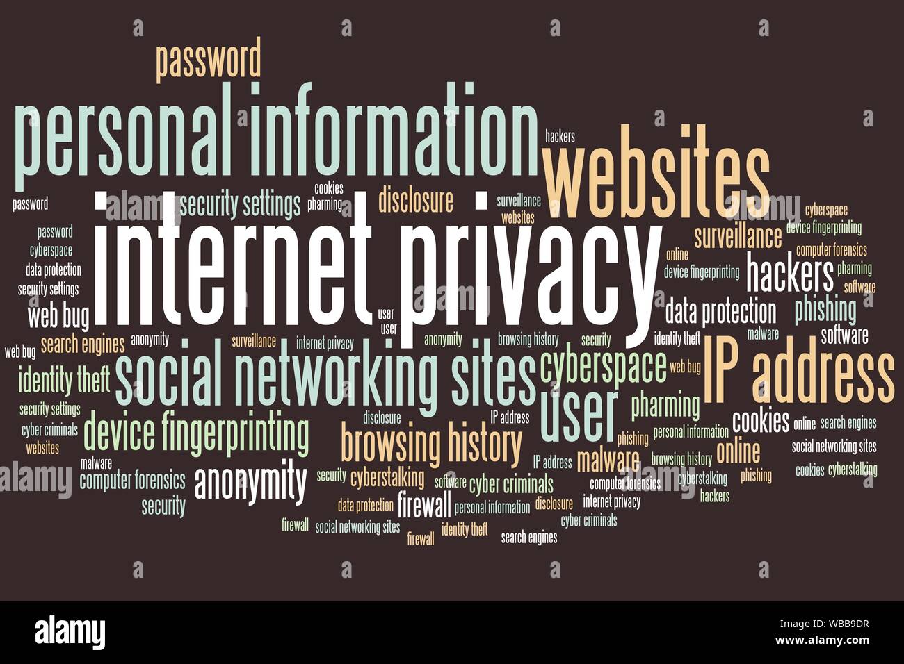 Datenschutz im Internet Themen und Konzepte Wort cloud Abbildung. Wort collage Konzept. Stockfoto