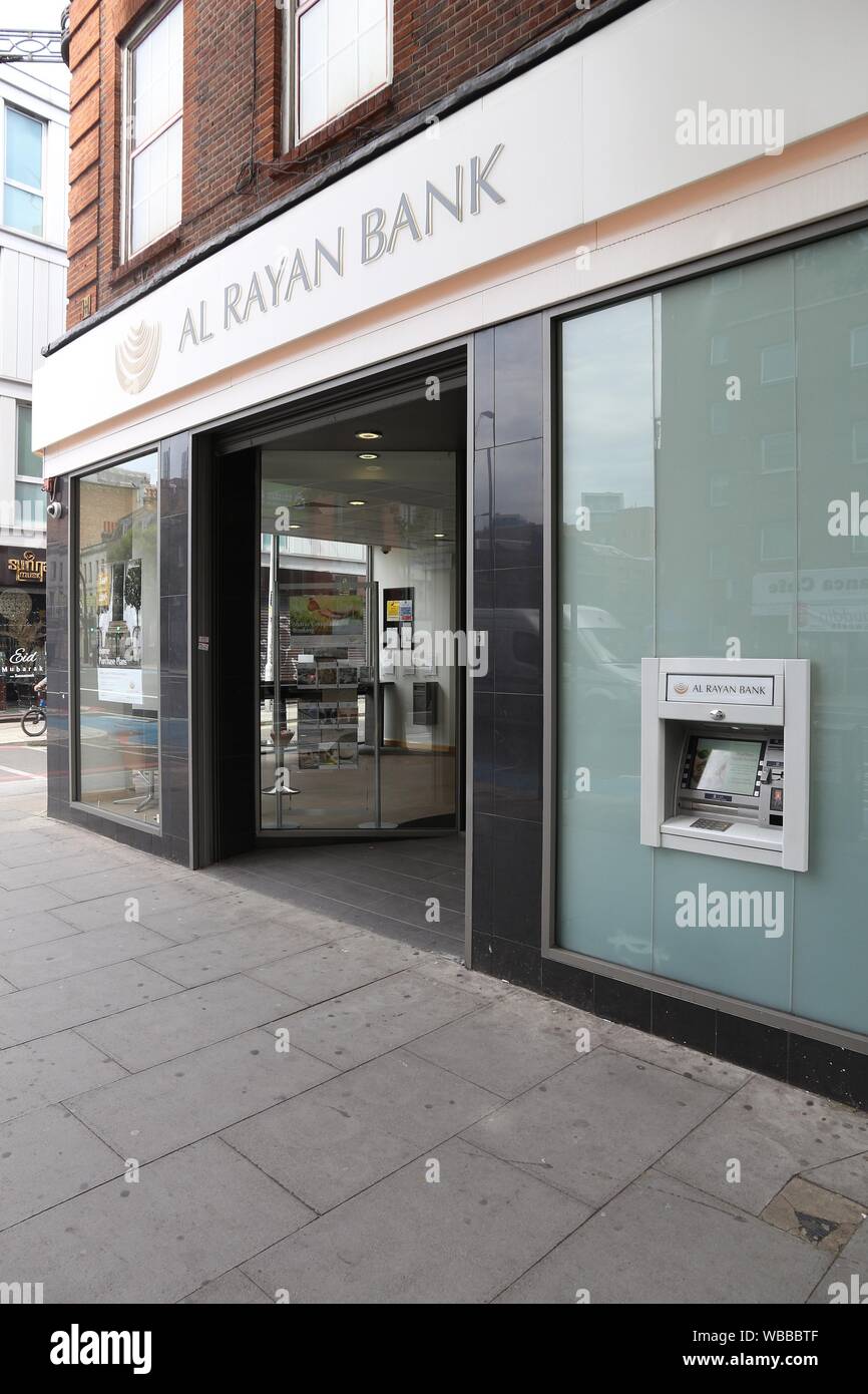 LONDON, Großbritannien - 7. JULI 2016: Al Rayan Bank Niederlassung in London. Früher bekannt als islamische Bank in Großbritannien, Al Rayan selbst wirbt für sich als ein Unternehmen beschweren Stockfoto