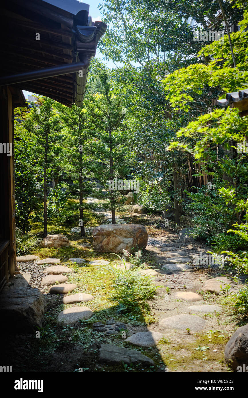 Ein traditioneller japanischer Garten, des traditionellen Imanishi Shoin-Hauses, im Sommer in Nara, Japan Stockfoto