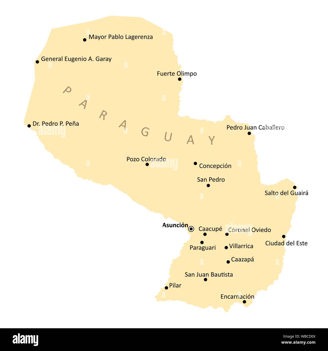 Isolierte Karte von Paraguay mit den wichtigsten Städten Etiketten Stock Vektor