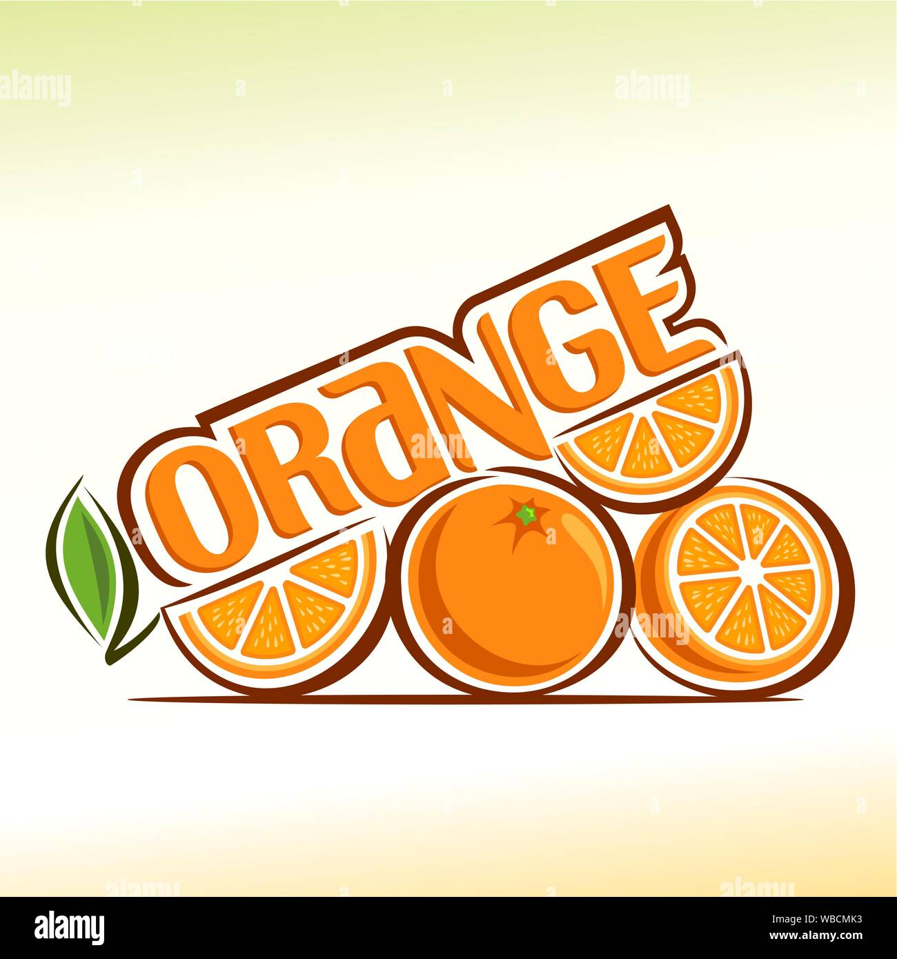 Vector Illustration auf Thema logo für frische Orange, noch Leben Zusammensetzung, bestehend aus reif Quartal die Hälfte und orange mit grünen Blättern und slic Stock Vektor