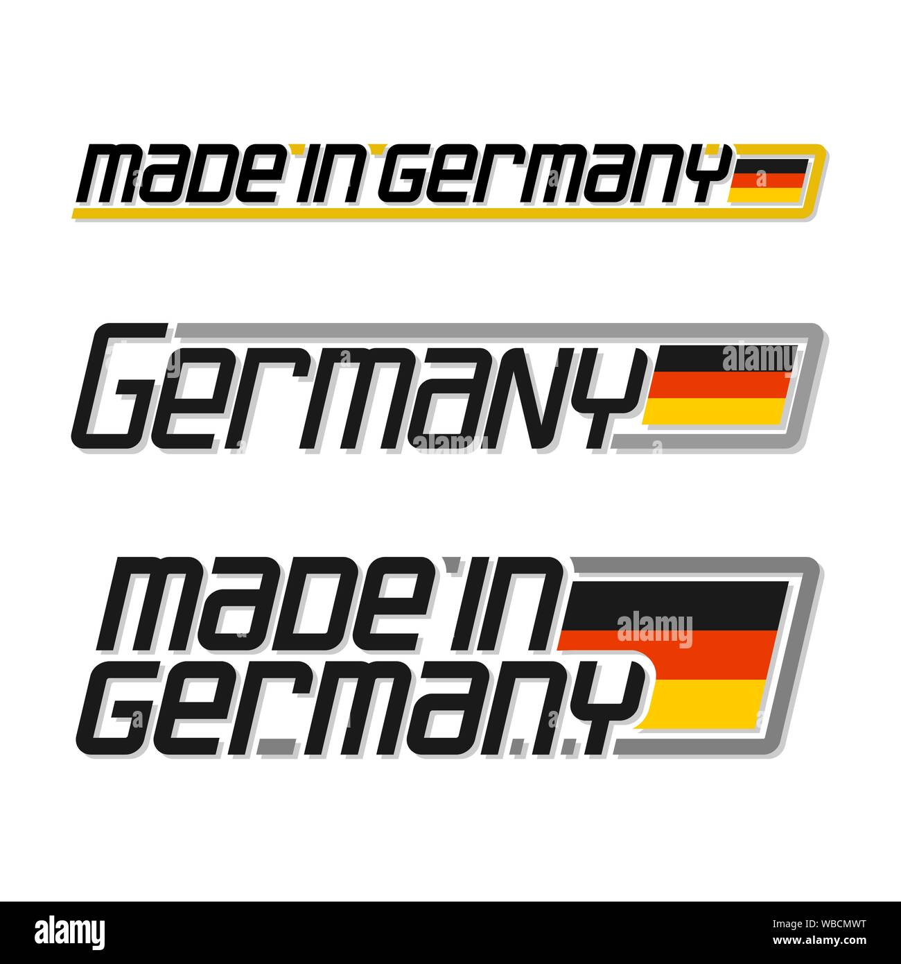 Vector Abbildung: Logo für "Made in Germany", bestehend aus drei isolierten deutschen Nationalstaat Deutschland Flagge und Text auf weißem Hintergrund. Stock Vektor