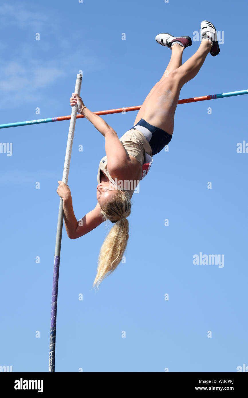 Birmingham, Großbritannien. 25 August, 2019. Lucy Bryan von Bristol & West in Aktion während der Frauen Stabhochsprung an der Muller britischen Leichtathletik WM Alexander Stadium, Birmingham, England Stockfoto