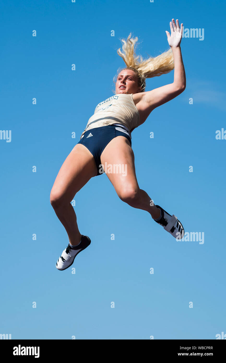 Birmingham, Großbritannien. 25 August, 2019. Lucy Bryan von Bristol & West in Aktion während der Frauen Stabhochsprung an der Muller britischen Leichtathletik WM Alexander Stadium, Birmingham, England Stockfoto