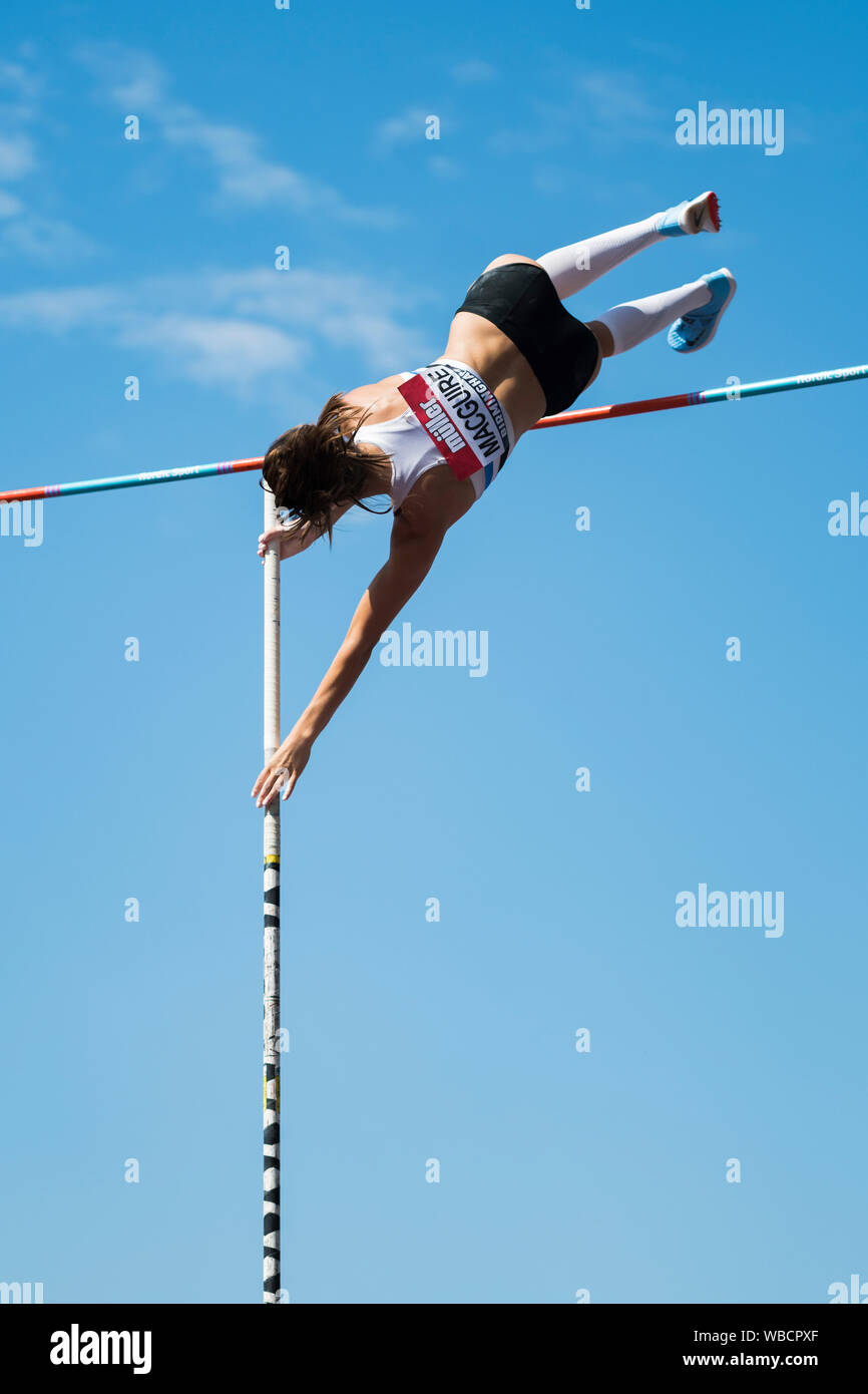 Birmingham, Großbritannien. 25 Aug, 2019. Courtney MACGUIRE von EDINBURGH AC in Aktion während der Frauen Stabhochsprung an der Muller britischen Leichtathletik WM Alexander Stadium, Birmingham, England Stockfoto