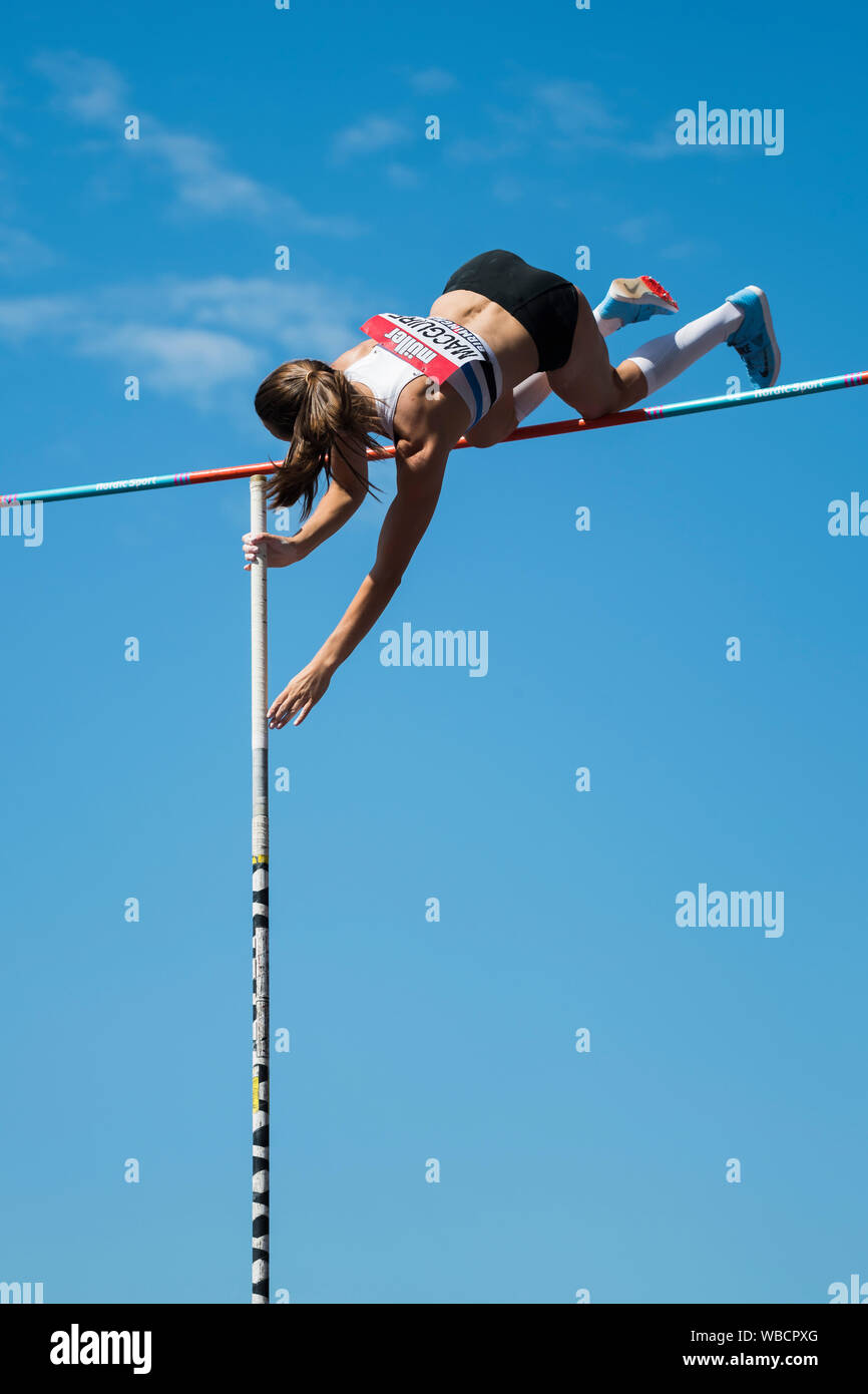 Birmingham, Großbritannien. 25 Aug, 2019. Courtney MACGUIRE von EDINBURGH AC in Aktion während der Frauen Stabhochsprung an der Muller britischen Leichtathletik WM Alexander Stadium, Birmingham, England Stockfoto