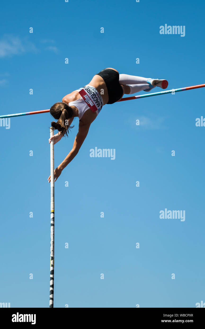 Birmingham, Großbritannien. 25 August, 2019. Courney MACGUIRE von EDINBURGH AC in Aktion während der Frauen Stabhochsprung an der Muller britischen Leichtathletik WM Alexander Stadium, Birmingham, England Stockfoto