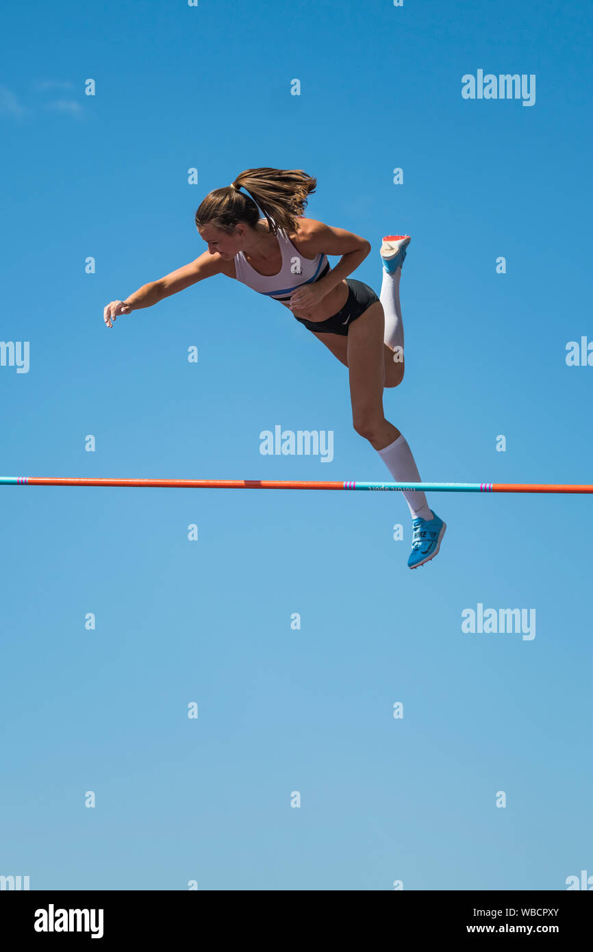 Birmingham, Großbritannien. 25 August, 2019. Courney MACGUIRE von EDINBURGH AC in Aktion während der Frauen Stabhochsprung an der Muller britischen Leichtathletik WM Alexander Stadium, Birmingham, England Stockfoto