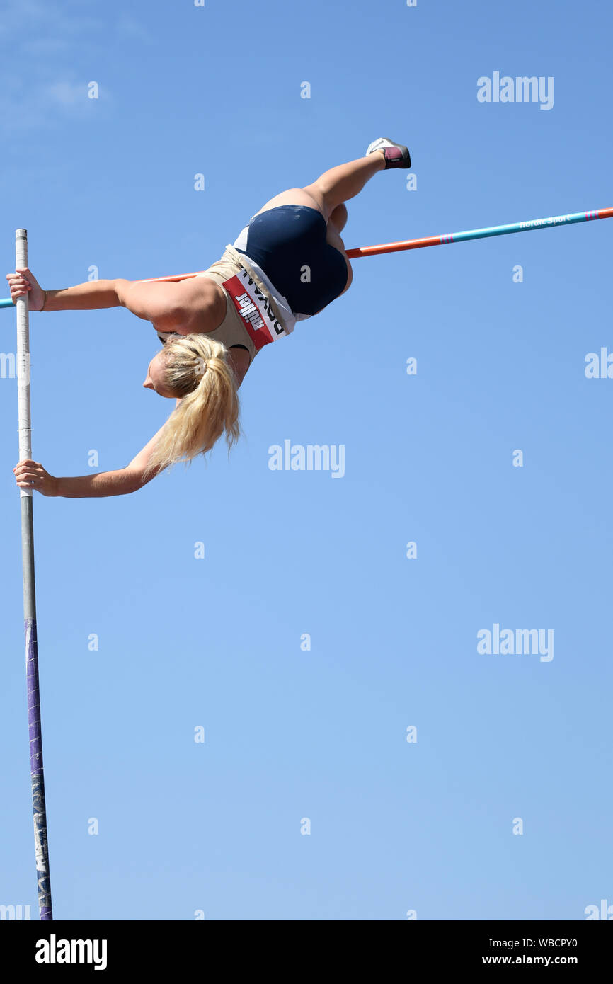 Birmingham, Großbritannien. 25 August, 2019. Lucy Bryan von Bristol & West in Aktion während der Frauen Stabhochsprung an der Muller britischen Leichtathletik WM Alexander Stadium, Birmingham, England Stockfoto
