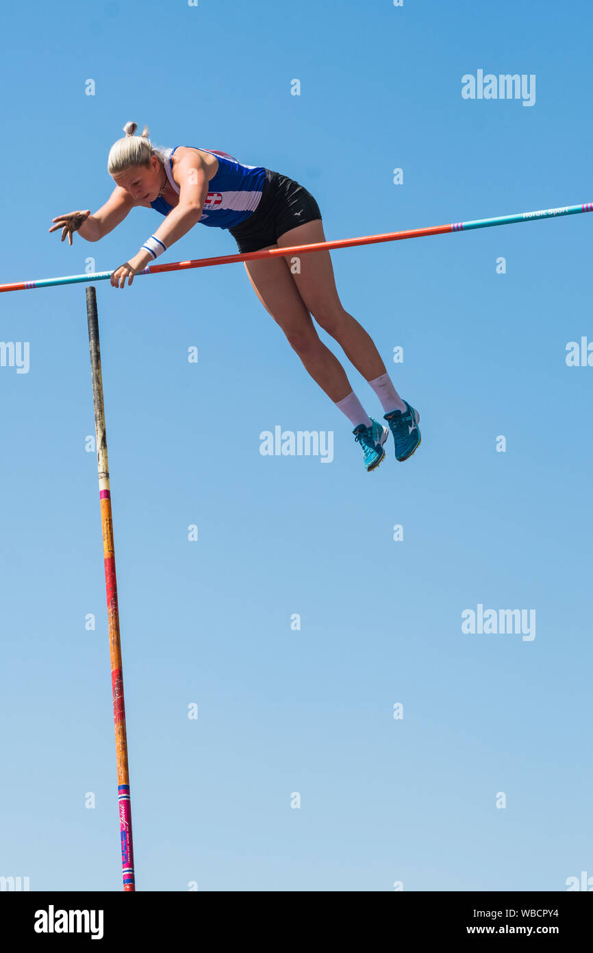 Birmingham, Großbritannien. 25 August, 2019. Holly. BRADSHAW von Blackburn in Aktion während der Frauen Stabhochsprung an der Muller britischen Leichtathletik WM Alexander Stadium, Birmingham, England Stockfoto