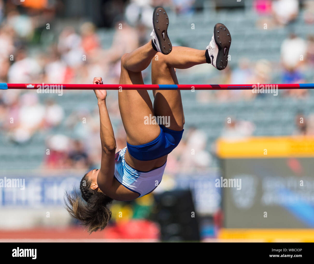 Birmingham, Großbritannien. 25 August, 2019. Morgan See von WSE HOUNSLOW in Aktion während der Frauen Hochsprung an der Muller britischen Leichtathletik WM Alexander Stadium, Birmingham, England Stockfoto