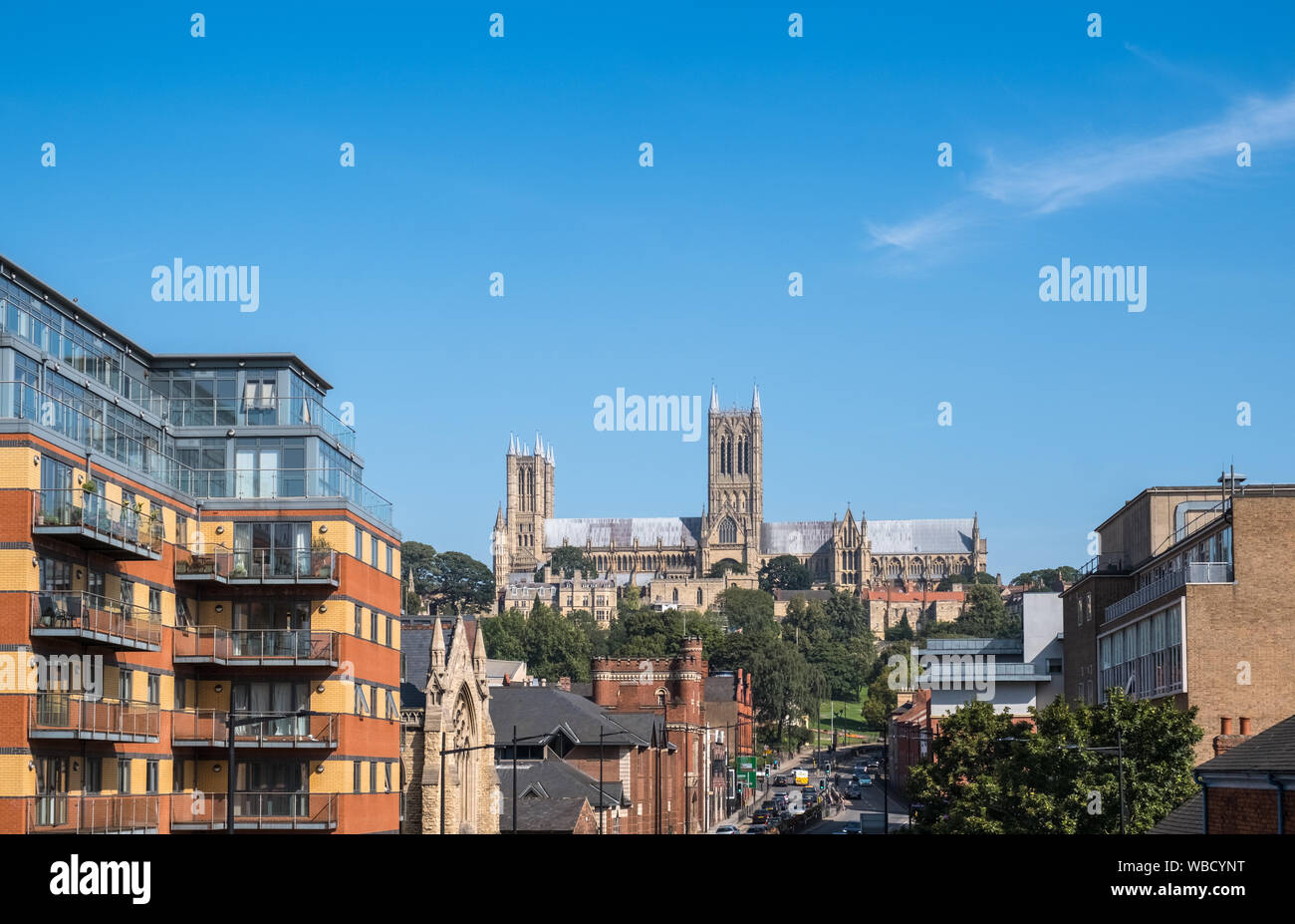 Erhöhte Stadtbild Blick auf historische Gotische Kathedrale von Lincoln, Lincoln, Lincolnshire, Großbritannien Stockfoto
