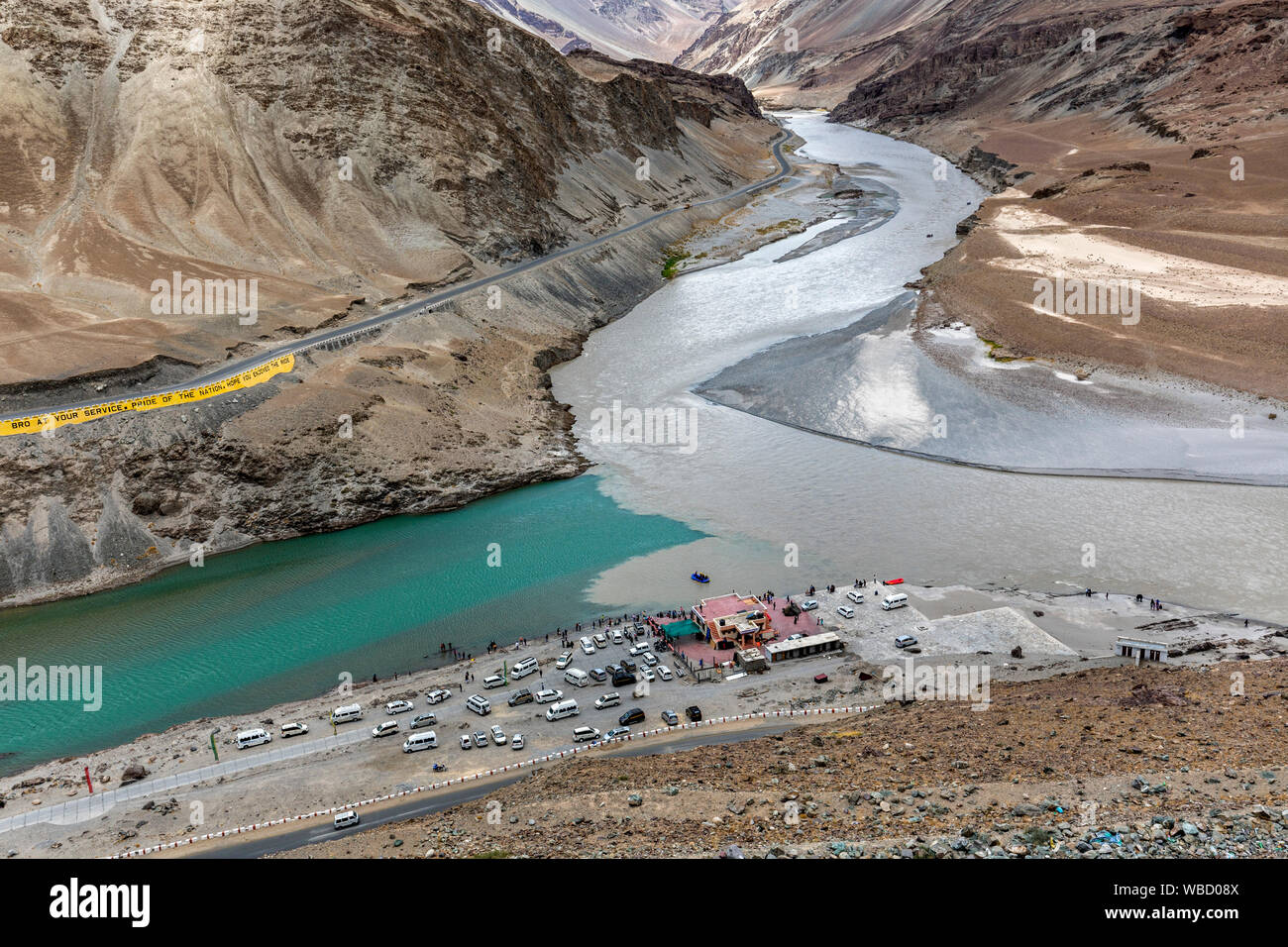 Zusammenfluss von Zanskar und Indus in Leh, Ladakh, Indien Stockfoto